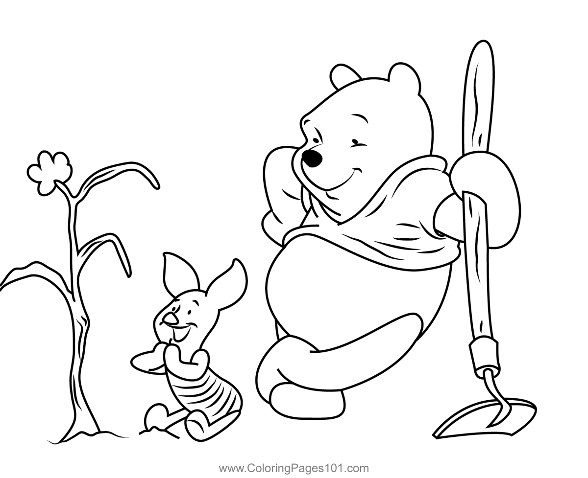 Pooh bear and piglet in garden coloring page for kids