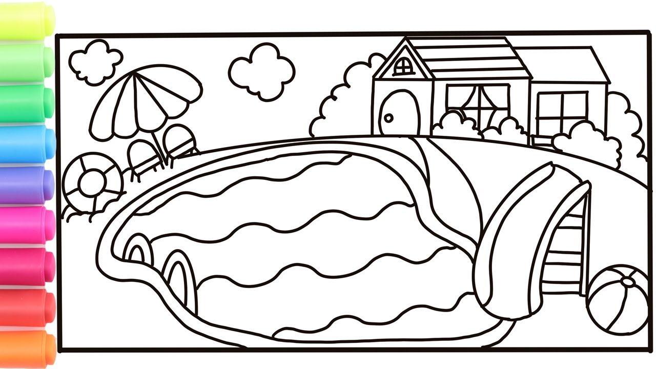 How to draw a house with a pool for kidscoloring house with pool drawing and coloring pages