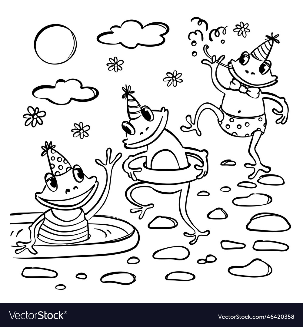 Frog pool party coloring book cartoon royalty free vector