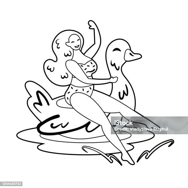 Young smiling girl in swimming suit floating on rubber ring duck summer seaside beach pool party