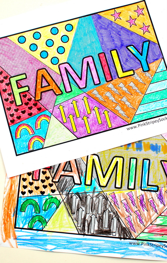 Family pop art coloring page pink stripey socks