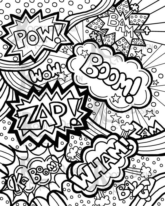 Instant download coloring page ic book words pop art print zentangle inspired doodle art printable