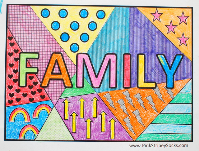 Family pop art coloring page pink stripey socks