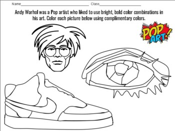 Pop art coloring worksheet plimentary colors by art with ms b