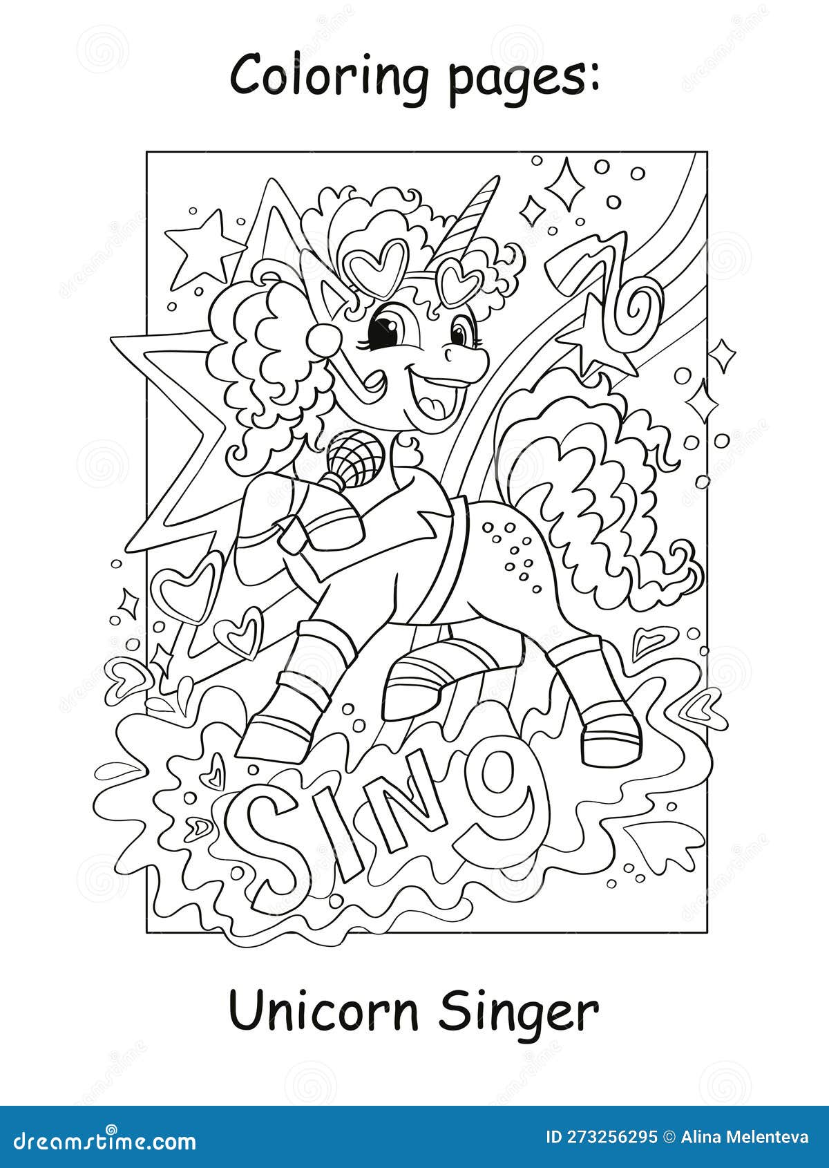 Cute beautiful unicorn singer coloring book vector stock vector