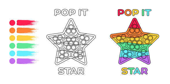 Coloring page sea rainbow star pop it popular toy for little children drawing lesson for kids baby black and bright color cartoon line style white background vector stock illustration for print stock