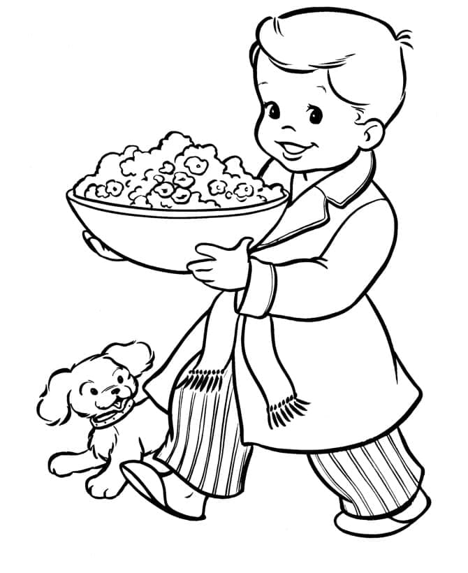 Boy and popcorn coloring page