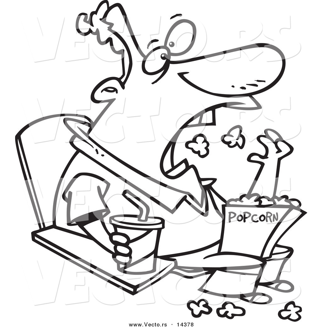 R of a cartoon man tossing popcorn into his mouth at the movies