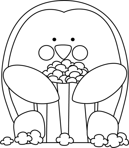 Black and white penguin eating popcorn clip art