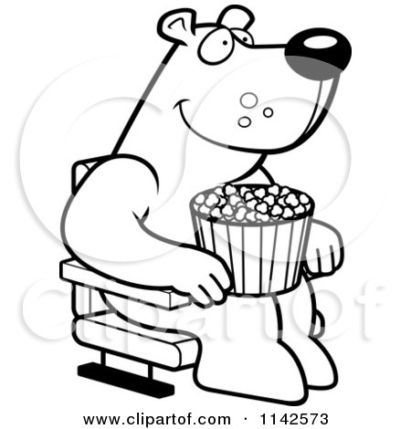 Cartoon clipart of a black and white happy bear with popcorn at the movie theater