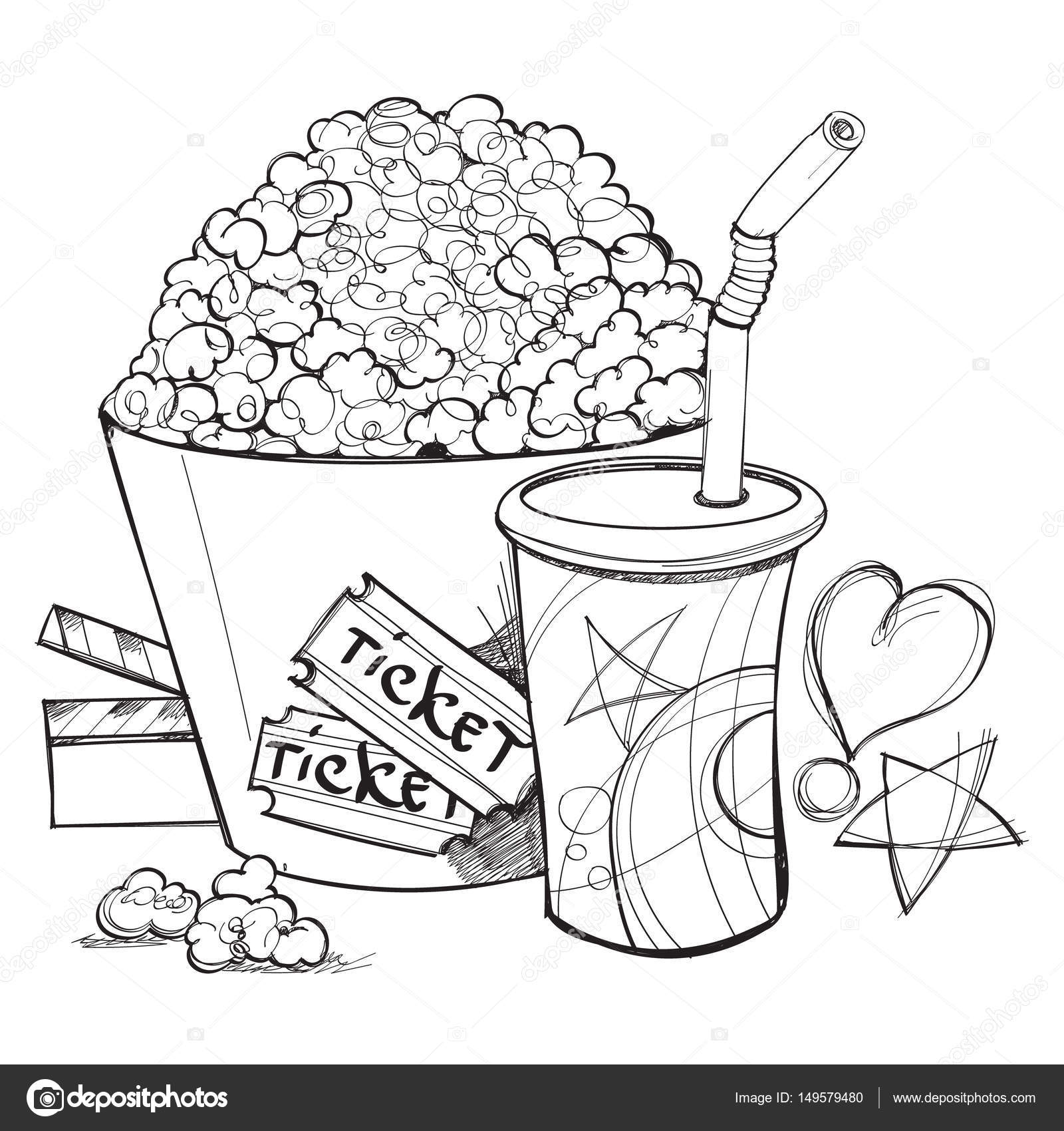 Popcorn and cup of lemonade outline drawing stock vector by filkusto