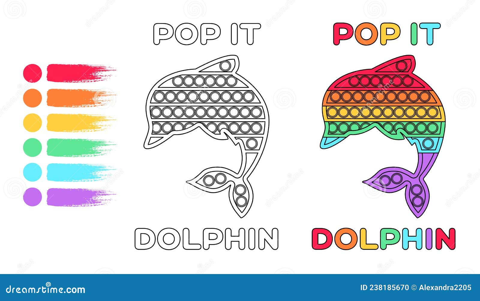 Coloring page pop it toy dolphin for children template before after print rainbow color black white color contour style stock vector