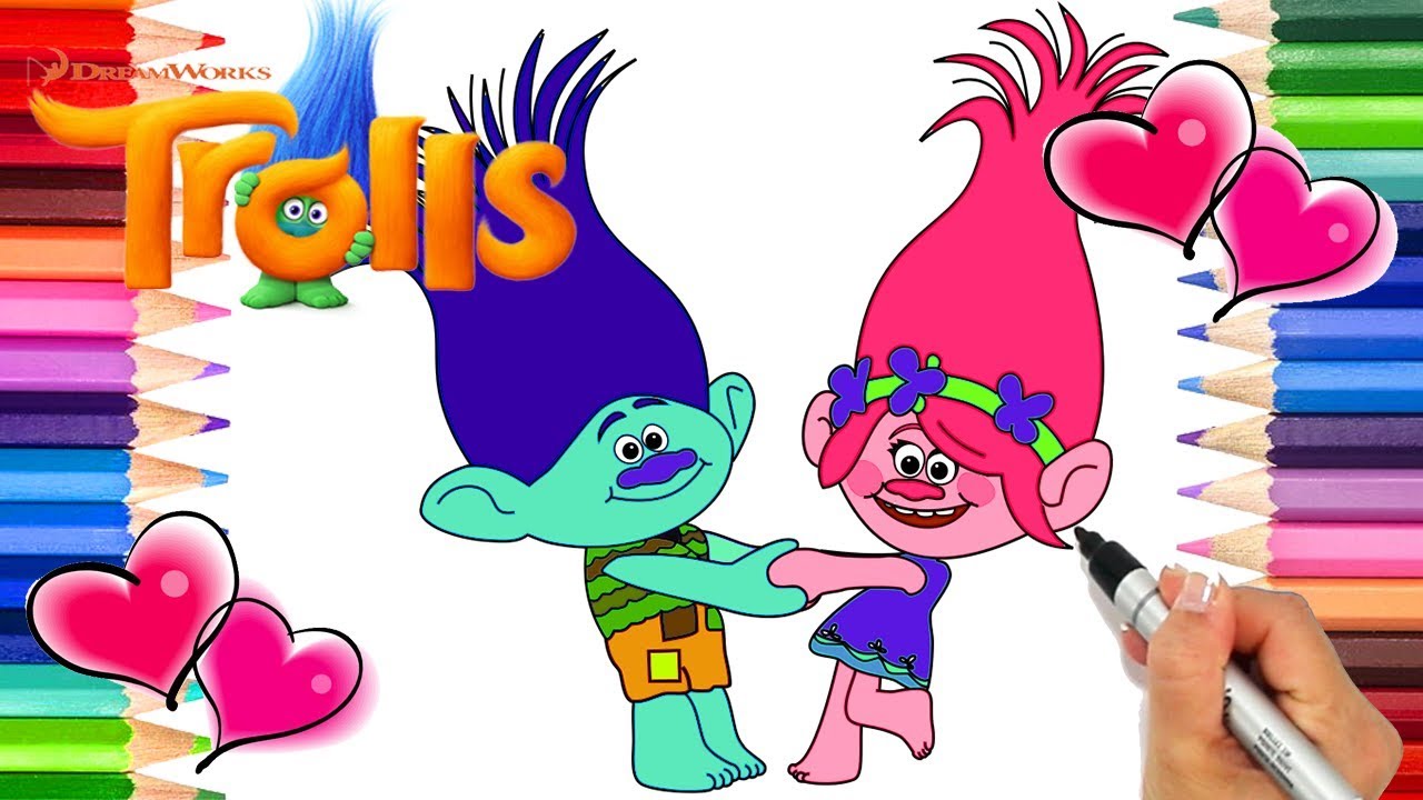 Poppy and branch holding hands trolls coloring page rainbow playhouse coloring book