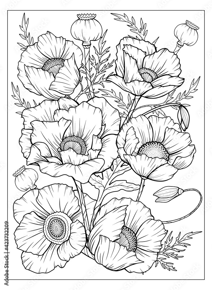 Coloring page with poppies and leaves vector page for coloring flower colouring page floral print outline poppies black and white page for coloring book anti