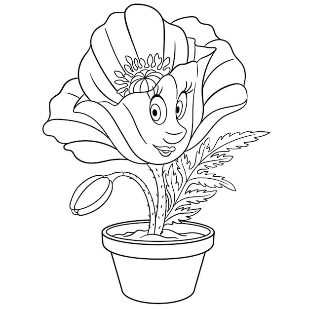 Premium vector cute poppy flower in pot cartoon funny food emoji face kids coloring page