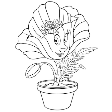 Premium vector cute poppy flower in pot cartoon funny food emoji face kids coloring page