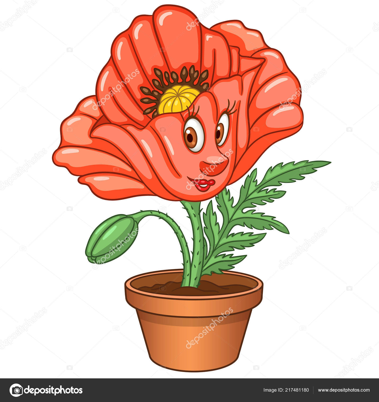 Red poppy flower house plant pot happy cartoon design kids stock vector by sybirko