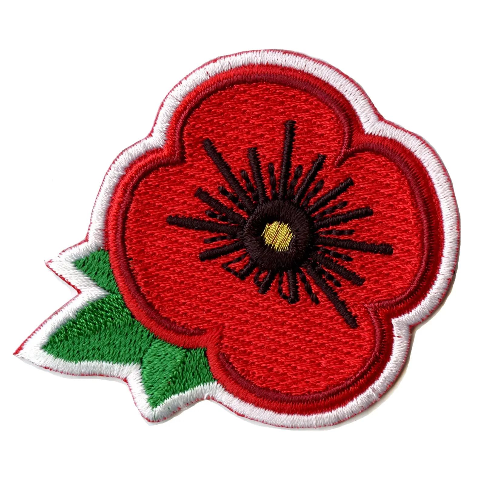 Red poppy flower patch remember peace military embroidered iron on