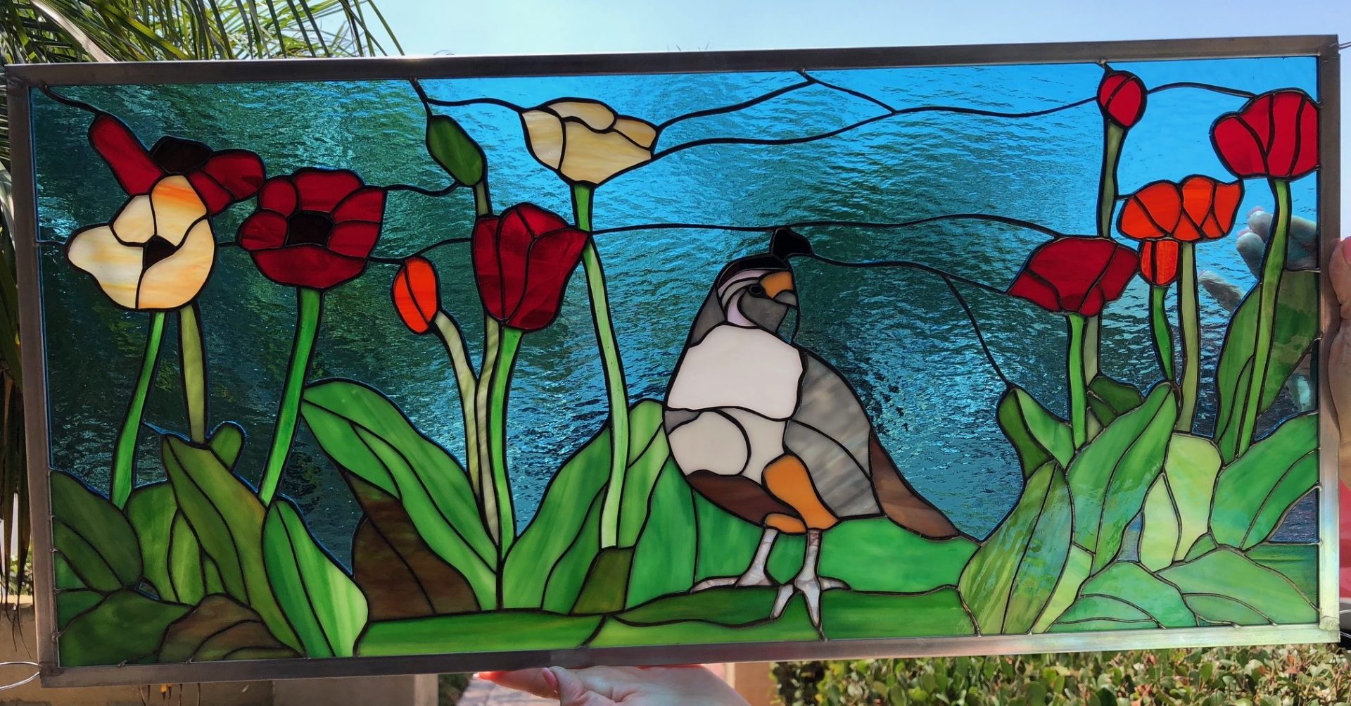 Lovely quail poppies leaded stained glass window panel