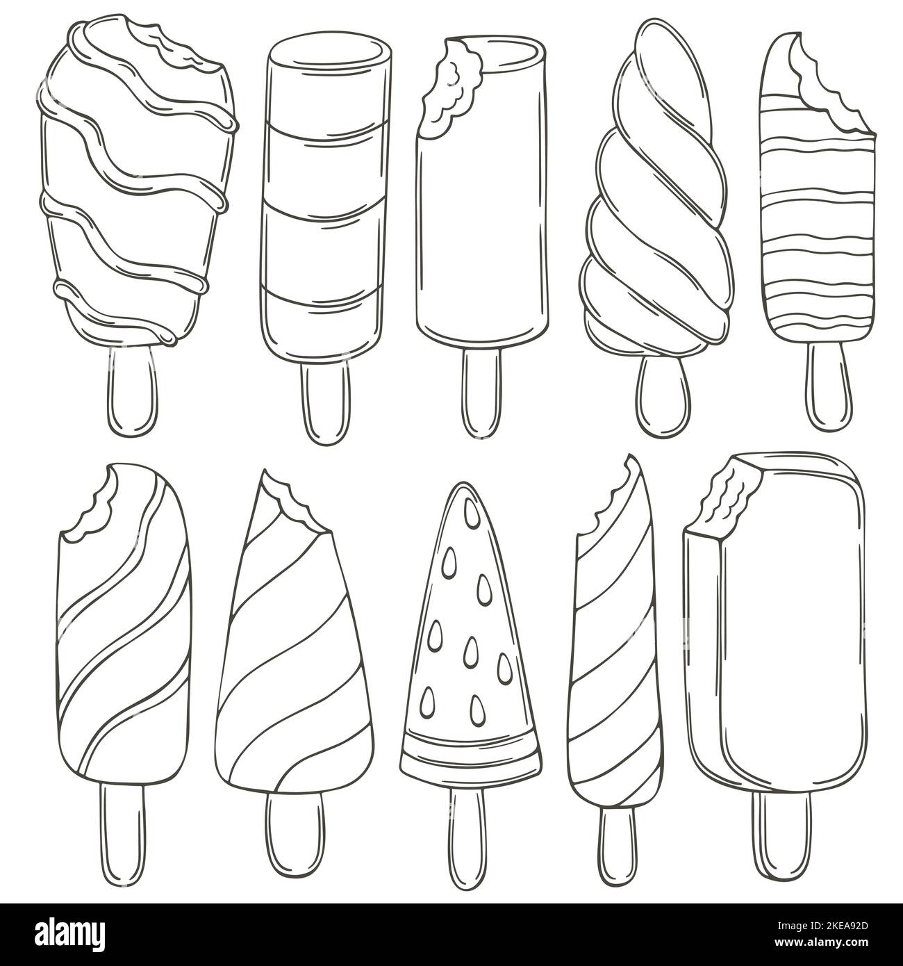 Set of vector illustrations in hand draw style coloring ice cream collection of stickers ice cream popsicle sweet ice stock vector image art