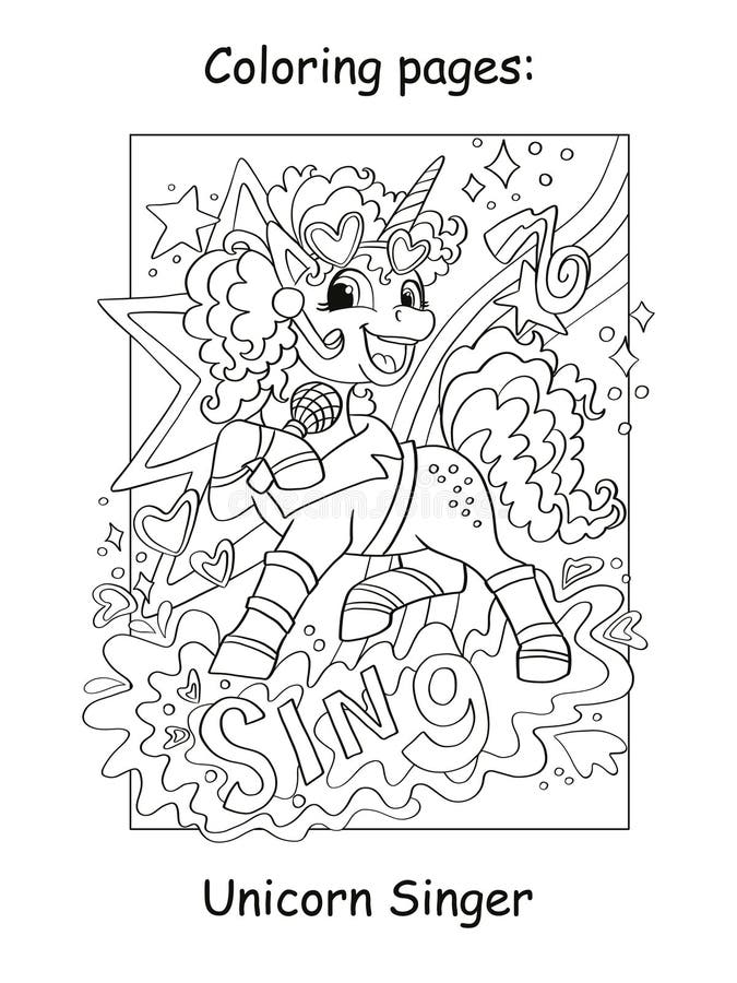 Cute beautiful unicorn singer coloring book vector stock vector