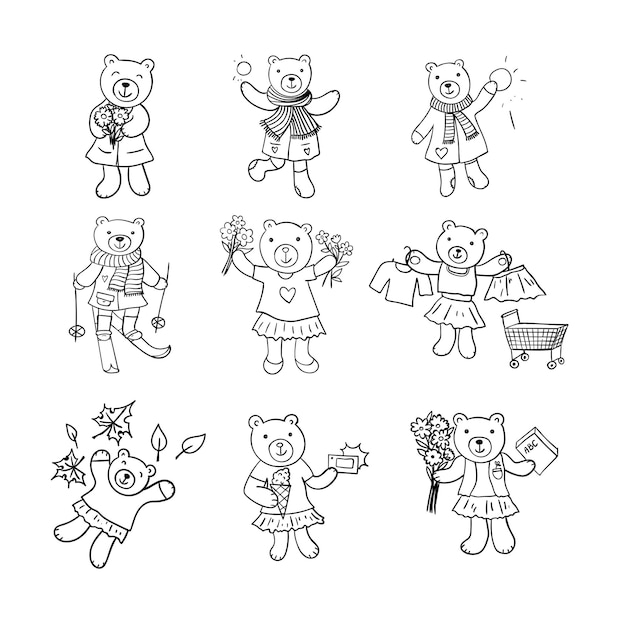 Desenhos animados ursos esquiando jogando bolas de neve segurando buquãªs de flores ir ã s pras e tomar sol vetor premium