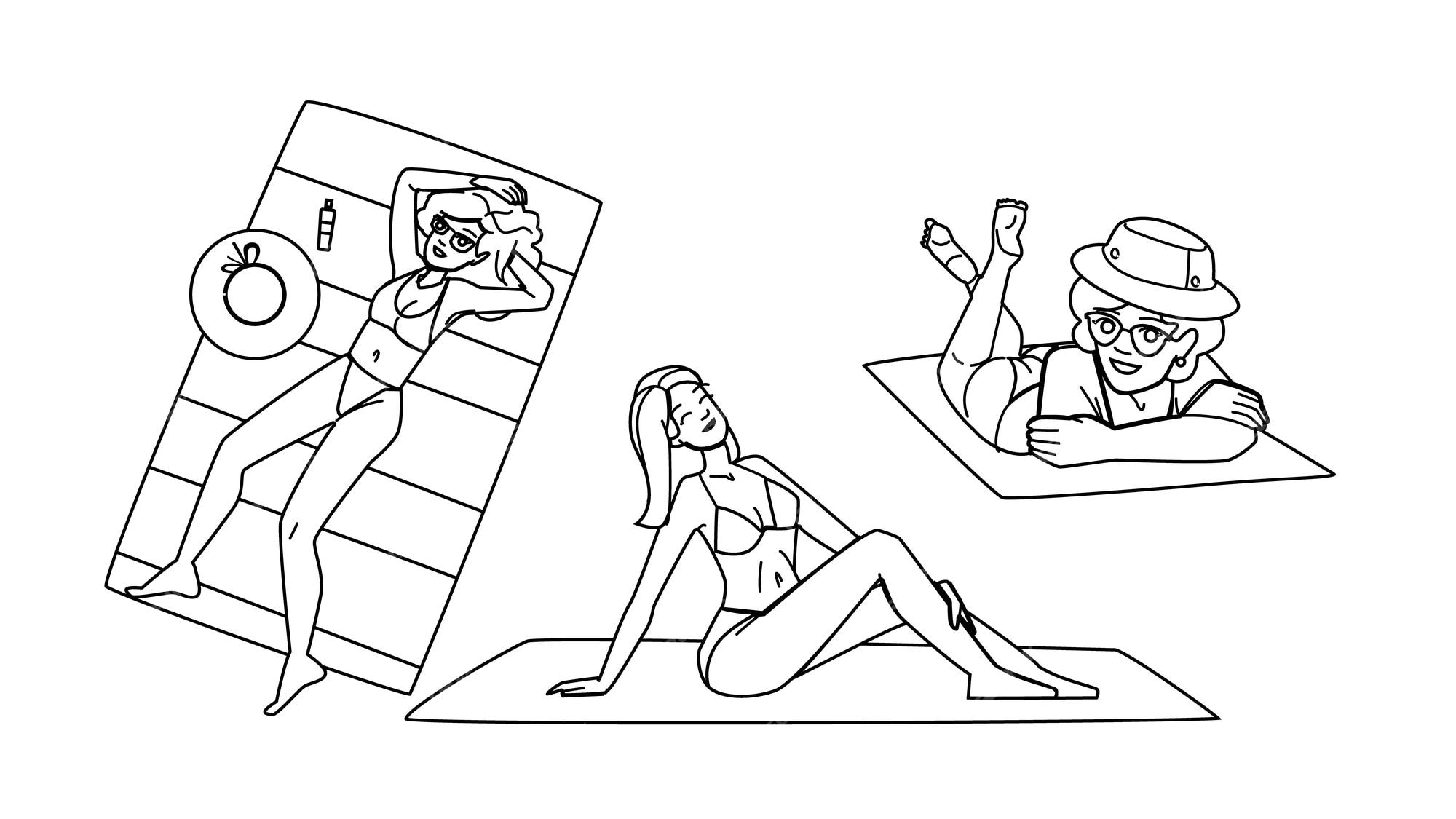 Viajar mulher tomando banho de sol praia vetor oceano fãrias onzeado relaxar beleza biquãni viajar mulher tomando sol praia personagem pessoas linha preta ilustraãão vetor premium