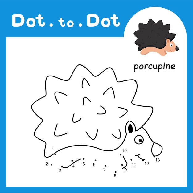 Premium vector dot to dot educational game and coloring book of porcupine animal cartoon for preschool kids activity about learning counting number and handwriting practice worksheet vector illustration