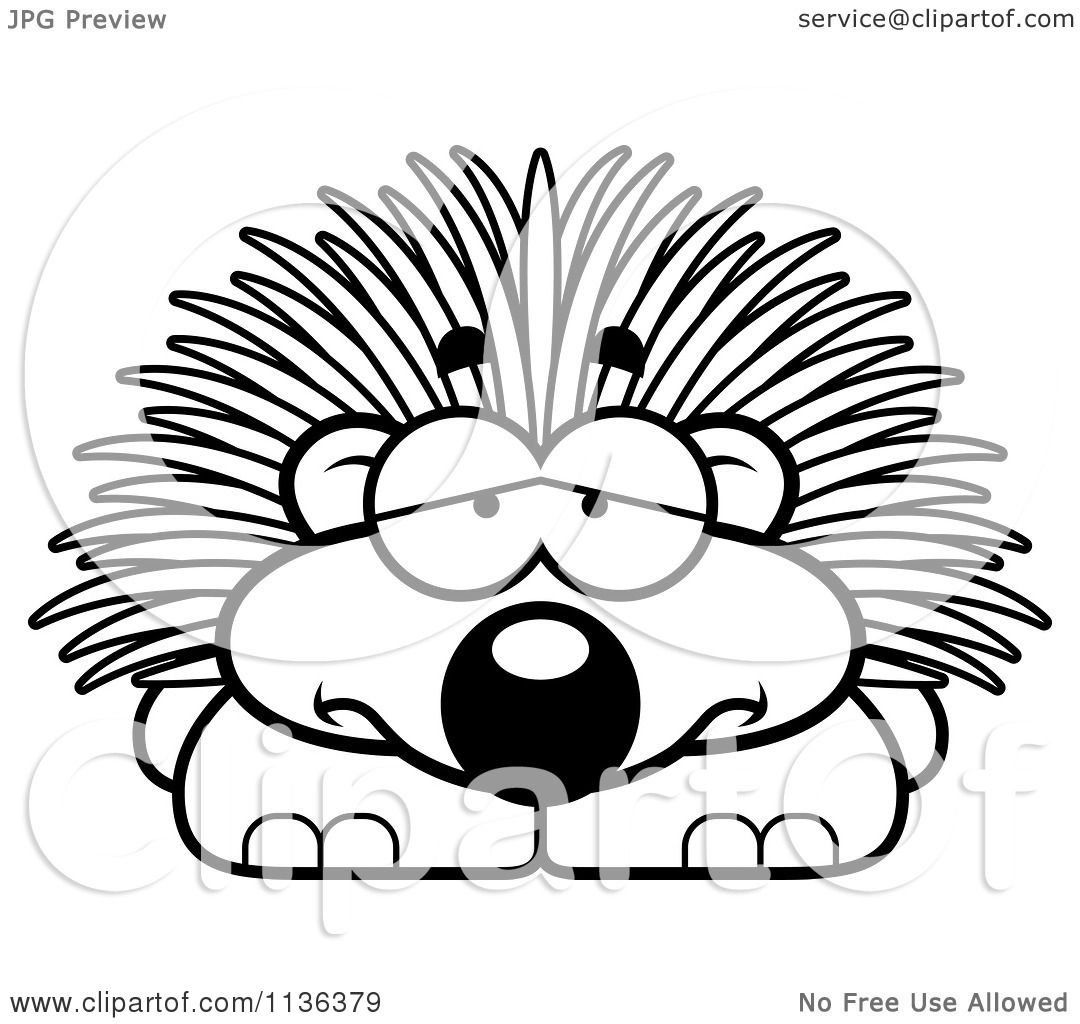 Cartoon clipart of an outlined depressed porcupine
