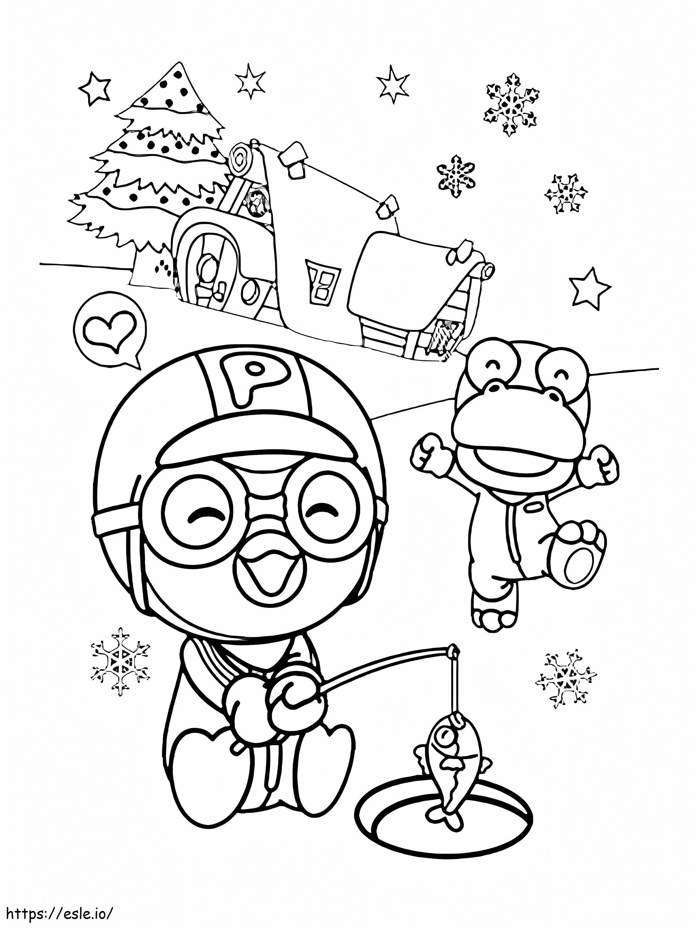 Pororo and crong fishing in winter coloring page