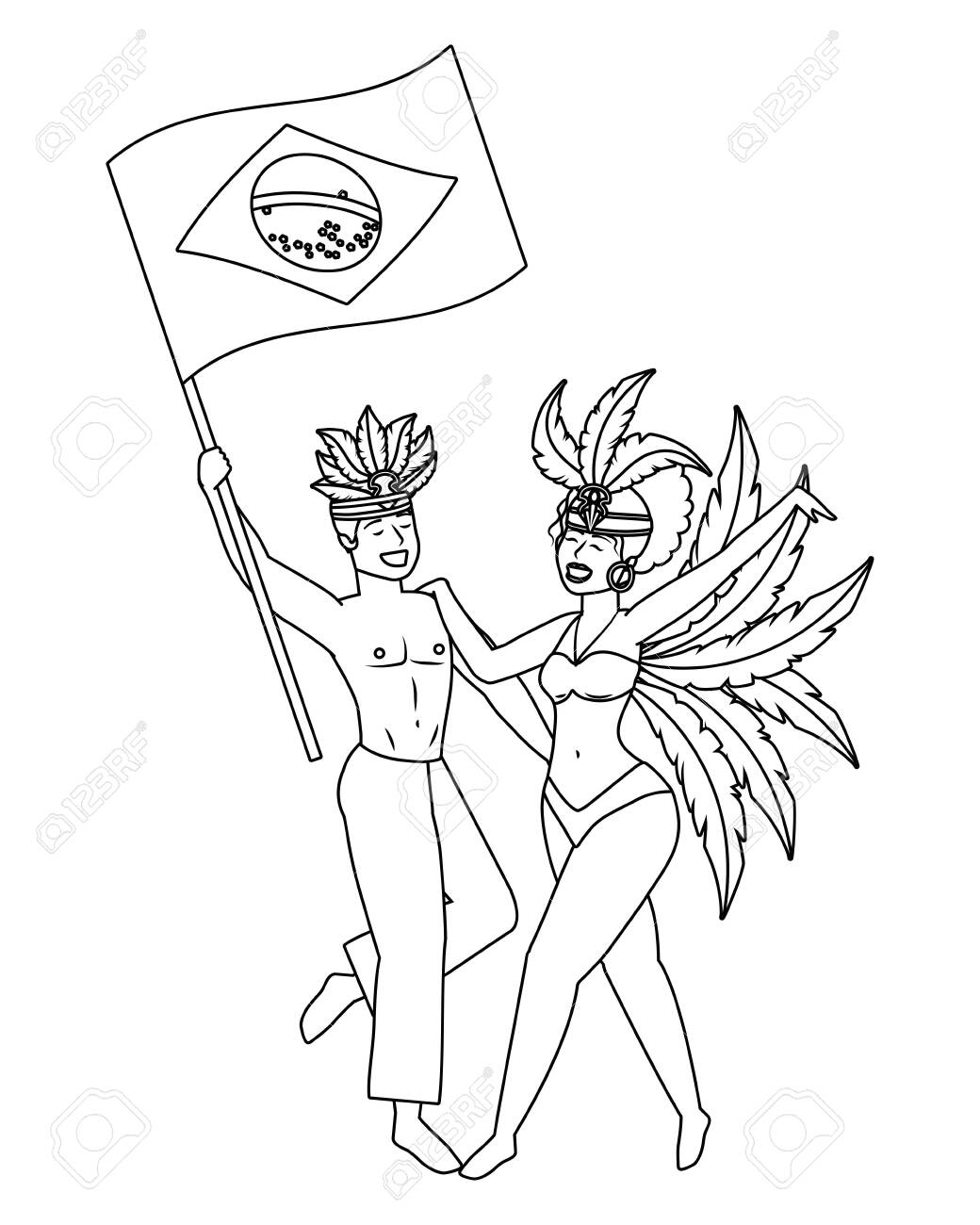 Pareja celebrando el carnaval de brasil en blanco y negro ilustracion svg vectorial clip art vectorizado libre de derechos image