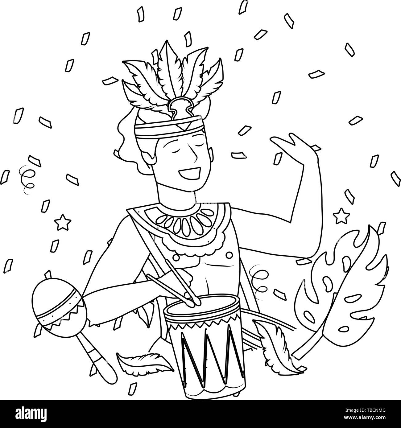 Man with feather headdress drume and maracas celebrating brazil carnival vector illustration editable stock vector image art