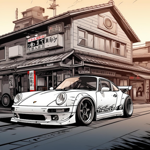 Premium ai image cinematic mangathemed coloring page rwb porsche widebodykit at a kyoto car repair shop