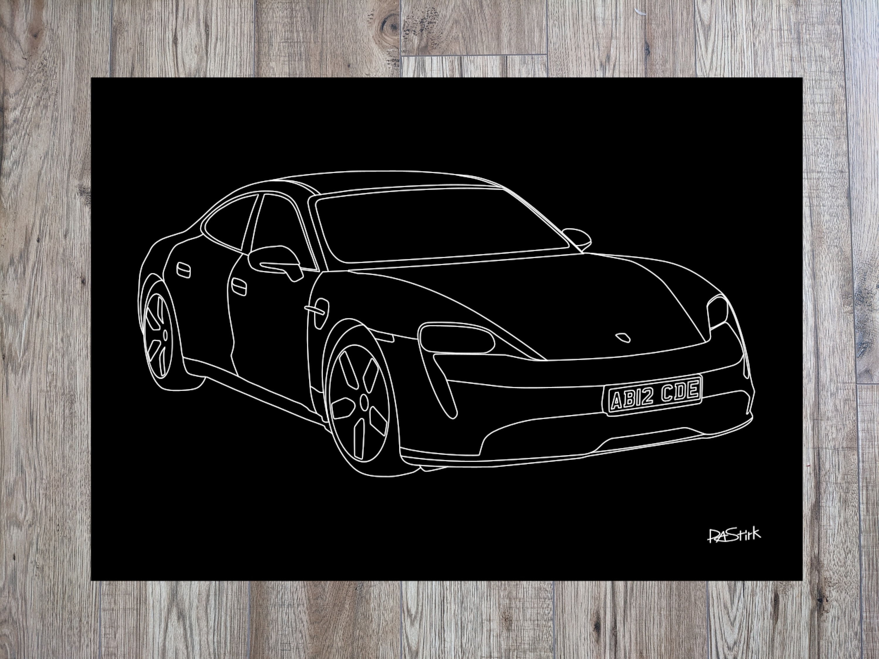A porsche taycan with personalised number plate on mm foamboard