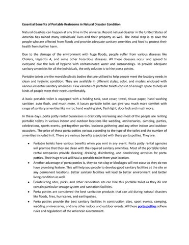 Essential benefits of portable restrooms in natural disaster condition by porta potty service