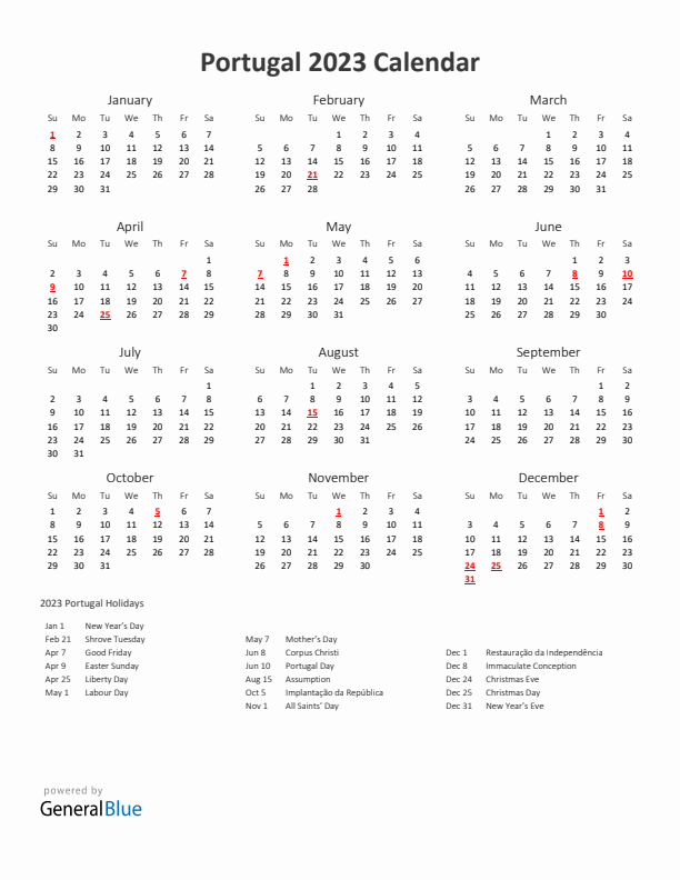 Portugal calendar with holidays