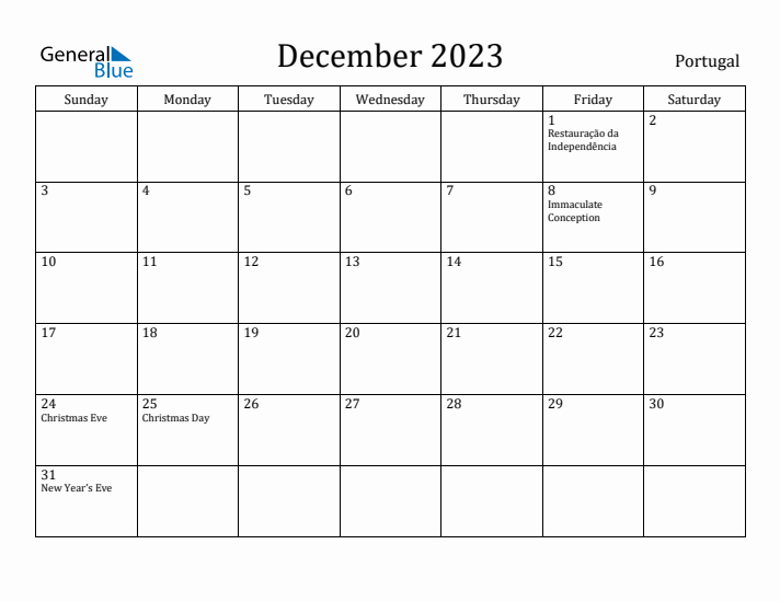 December monthly calendar with portugal holidays