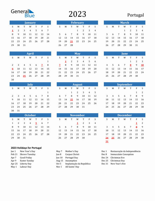 Portugal calendar with holidays