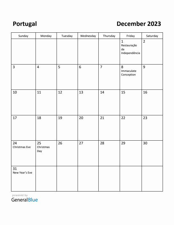 December monthly calendar with portugal holidays