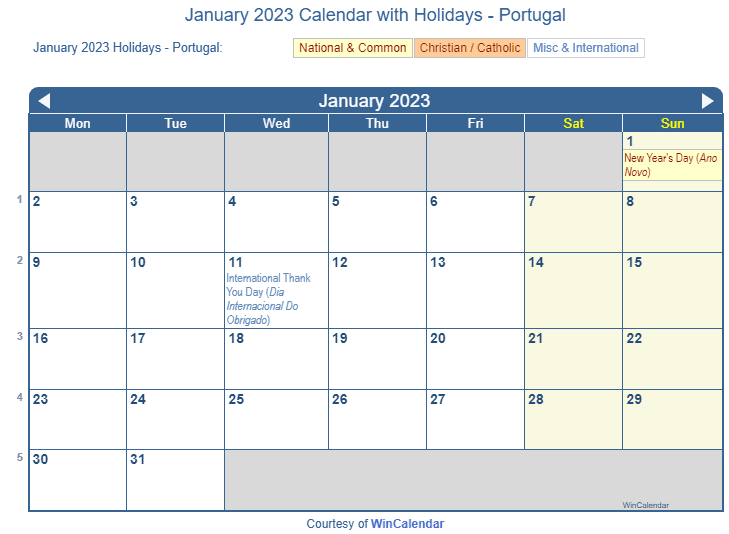 Print friendly january portugal calendar for printing