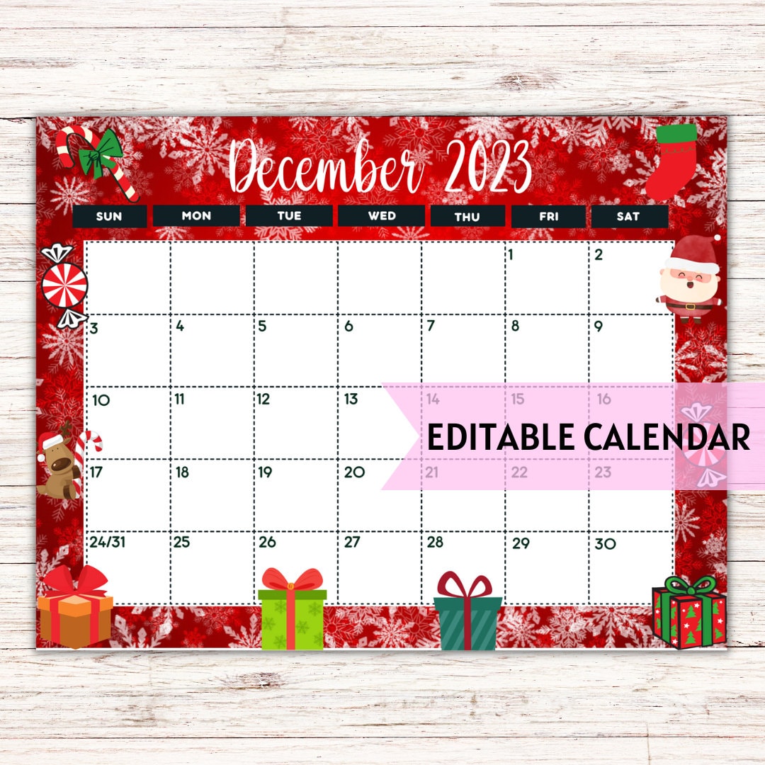 Editable printable december calendar christmas calendar holiday calendar december calendar fillable calendar