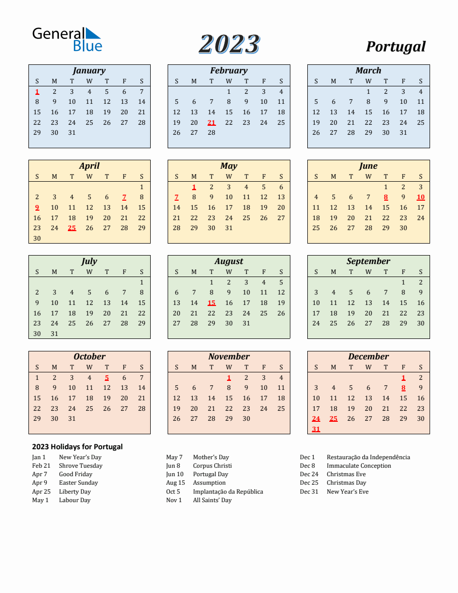 Portugal calendar with sunday start