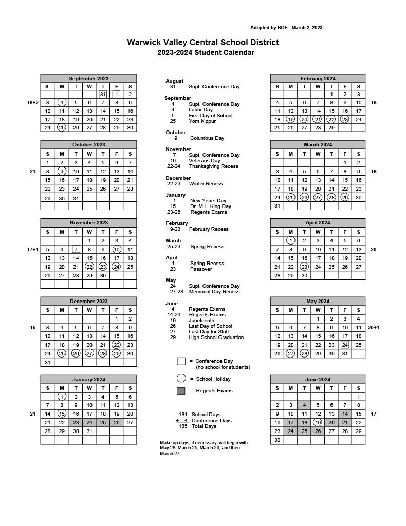 Calendar warwick valley central schools