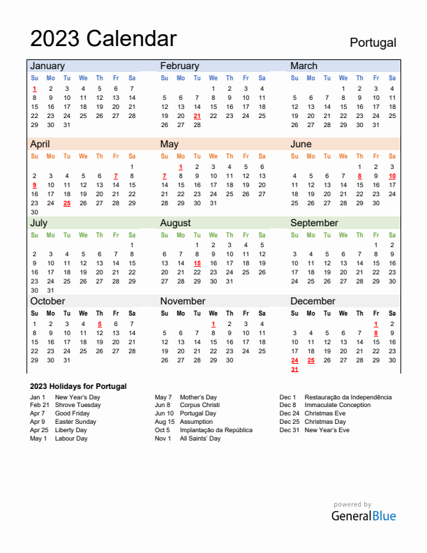 Annual calendar with portugal holidays
