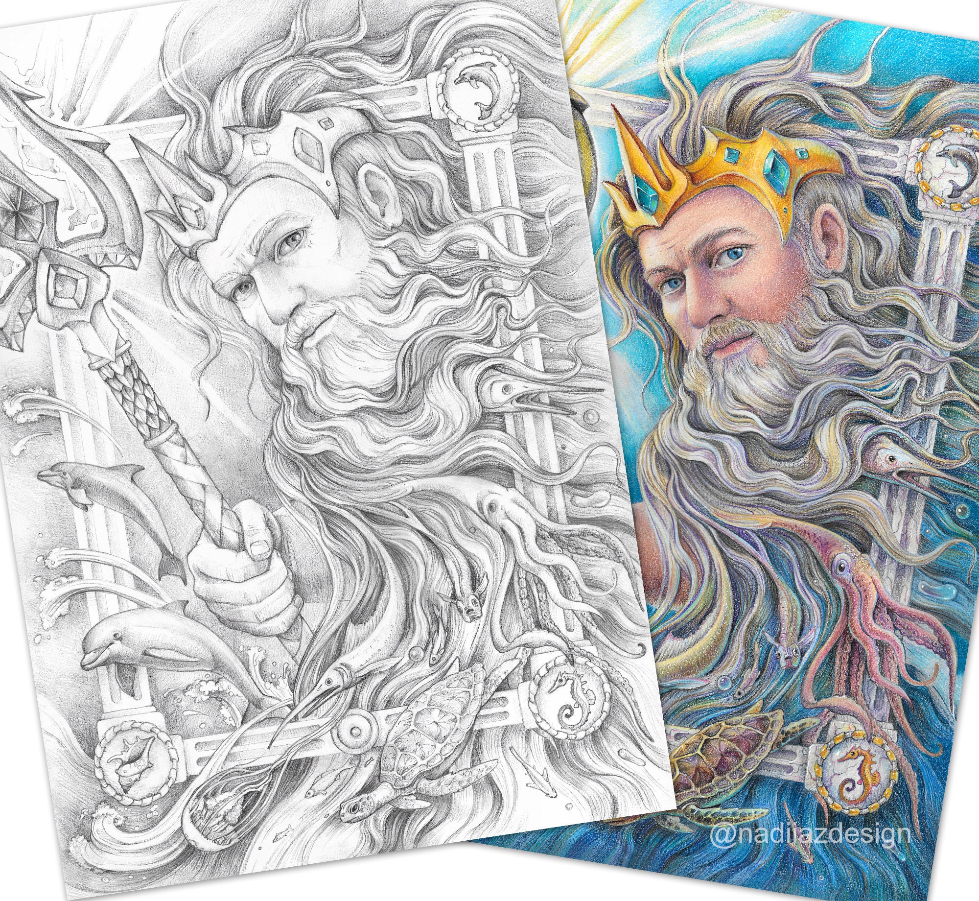Adult coloring page of grayscale portrait of poseidon pdf printable digital download instant download
