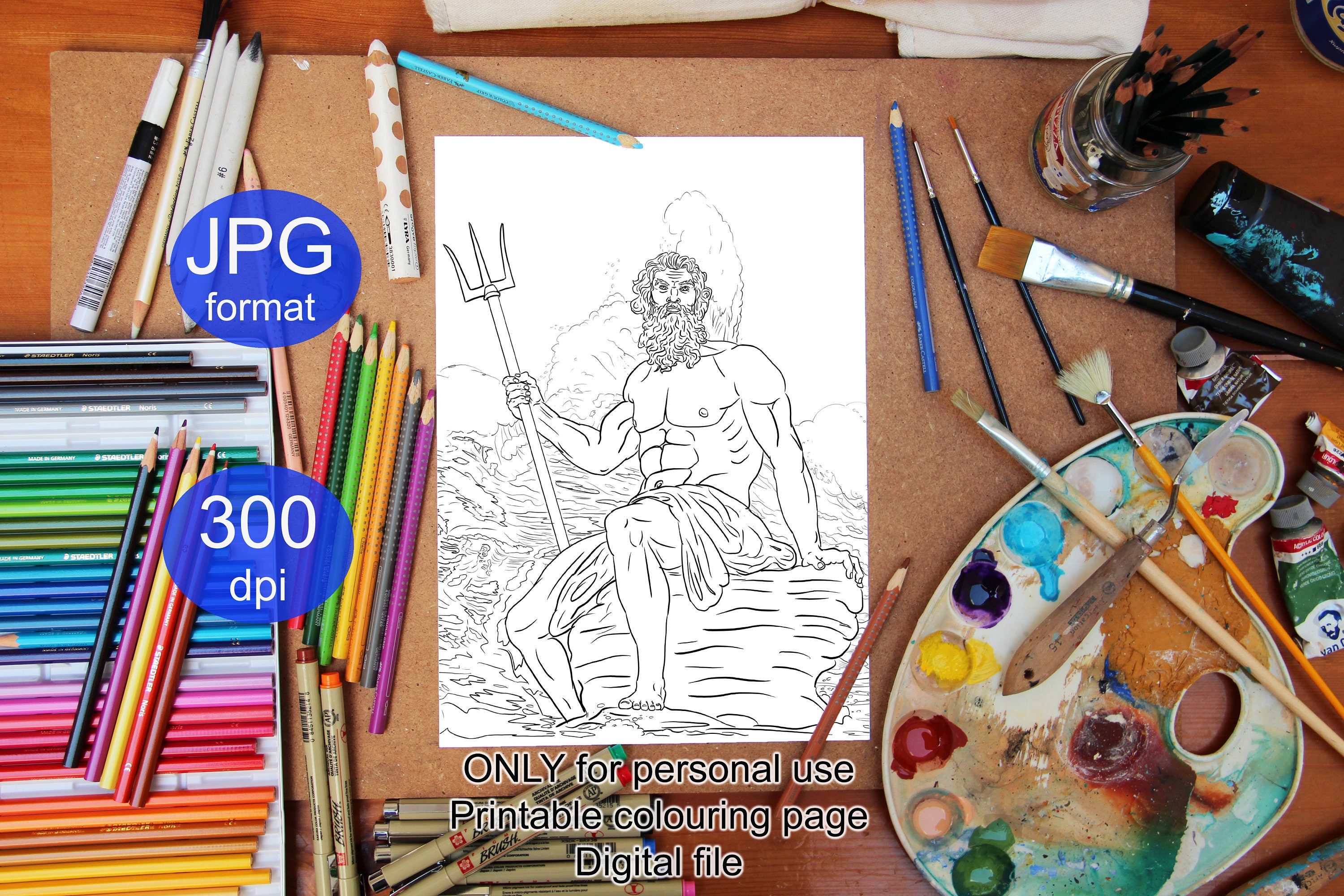Poseidon coloring page printable colouring adults children lineart stress relief greek god drawing painting trigger creativity