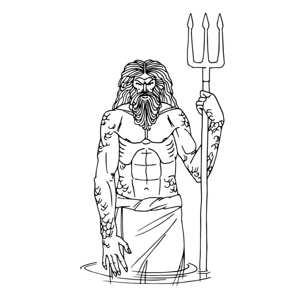 The ancient greek god of the sea poseidon es out of the water with a trident stock illustration