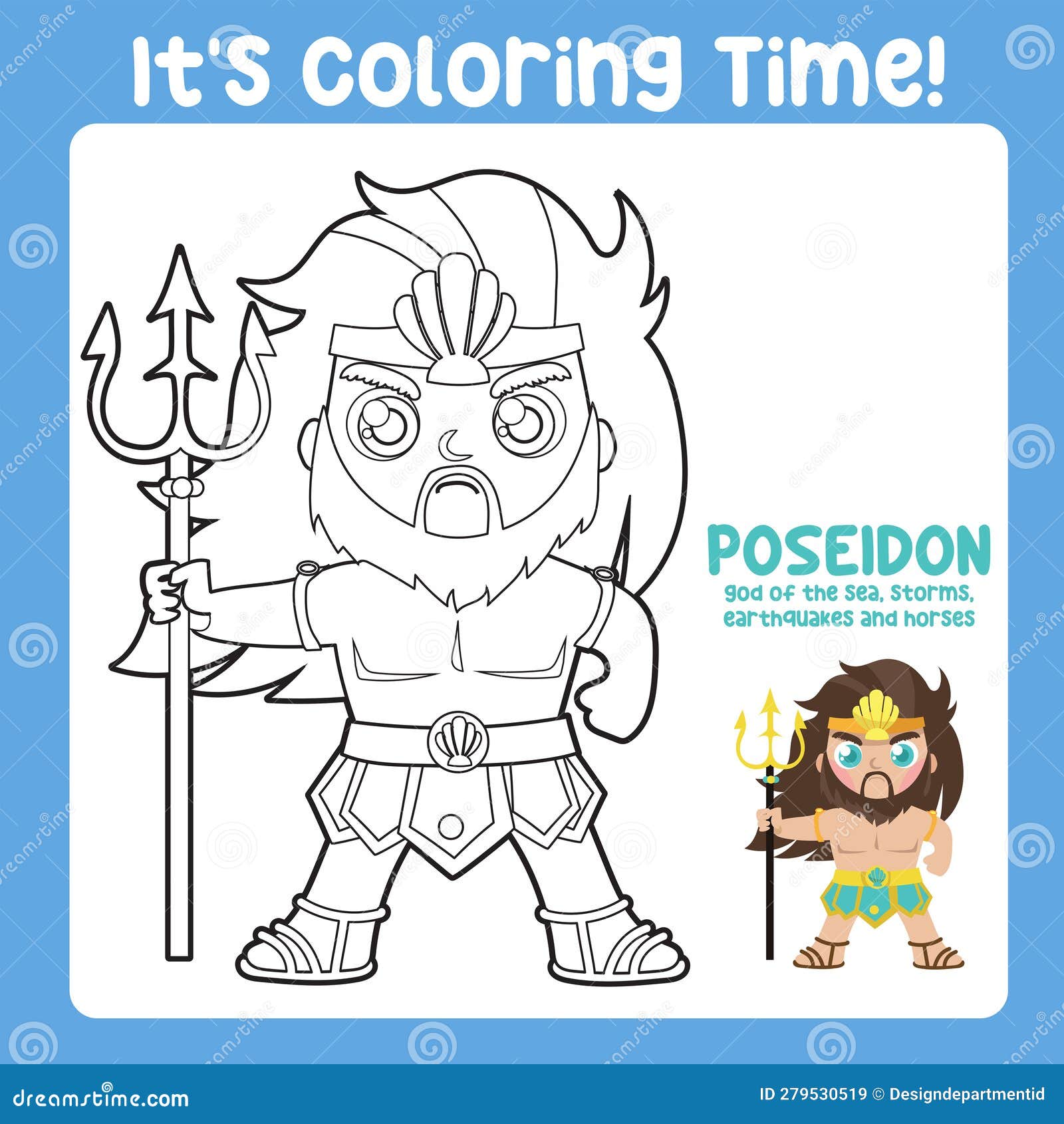 Its coloring time of the greek gods poseidon god of the sea storm and horses ancient greece mythology stock vector
