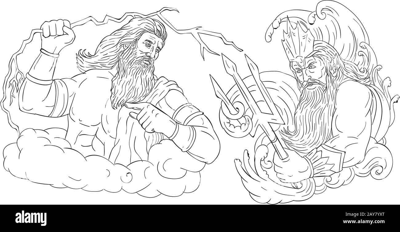 Zeus vs poseidon black and white drawing stock photo