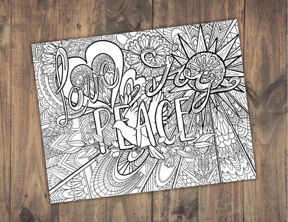 Detailed adult coloring page digital download printable love joy peace positive and uplifting for mental health and relaxation